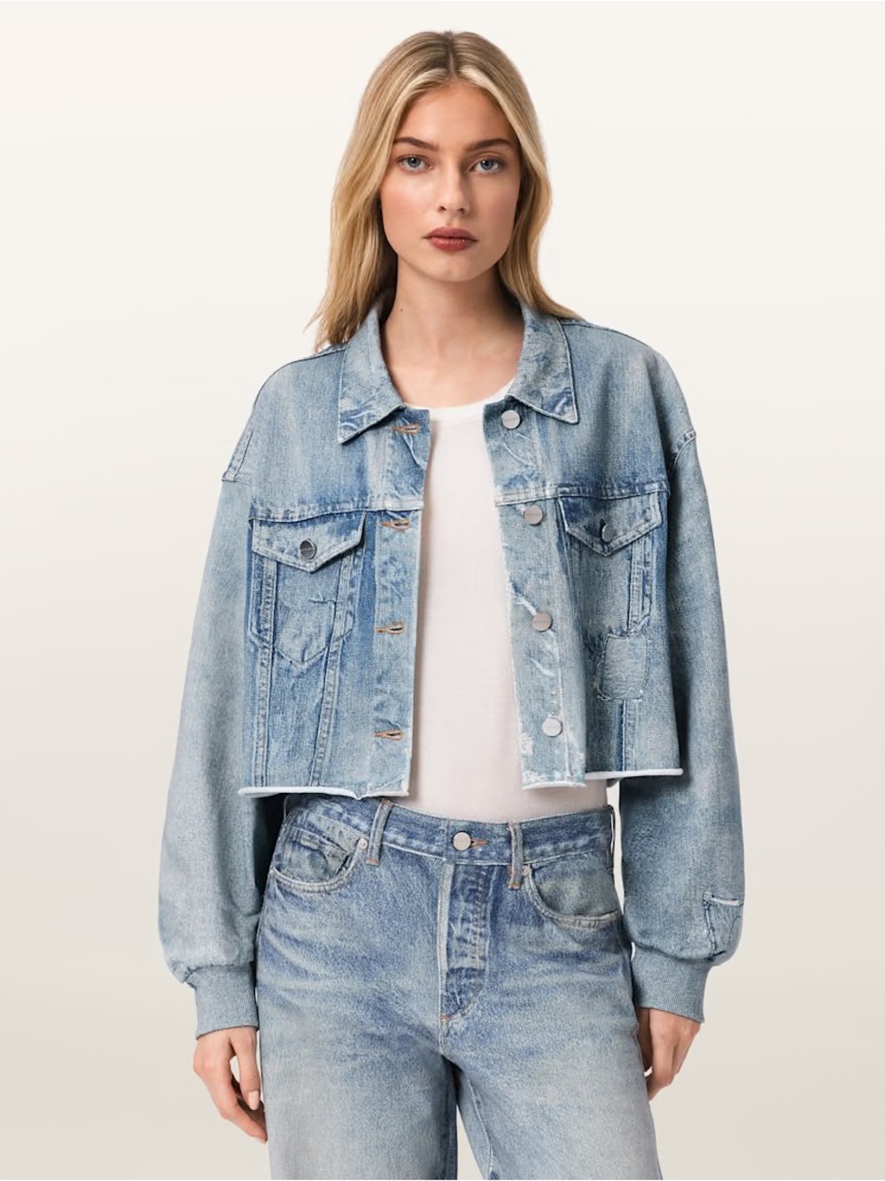 AllSaints ANDERS TERRY ILLUSION SHACKET Denim Cropped Jacket Size 4 Small